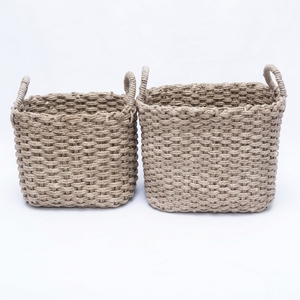 Natural Seagrass Storage <b>Basket</b> Set Chunky Braided Cord <b>Square</b> Bin Arch Handle Tabletop Planter Pure Art Room Setup Decor Crafts - Product Image 1