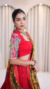 <b>Red</b> Premium Kalamkari Print and Embroidery Work <b>Lehenga</b> Set Heavy Faux Georgette <b>Lehenga</b> With Choli & Kalamkari Print Dupatta - Product Image 3