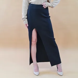 Long skirt with side slit on the front 100% merinos wool Made in Italy handcrafted black elastic waist elegant style