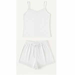Ensemble pyjama tendance pour femme : débardeur côtelé à dentelle et short, idéal pour l'habillement décontracté – Fournisseur Vietnamien - Product Image 1