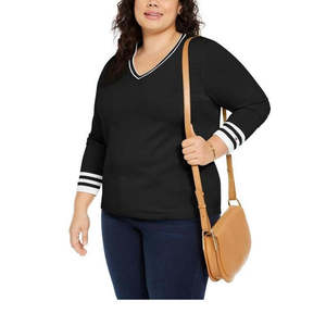 Maglione pullover da donna Tommy Hilfiger in cotone con scollo a V, taglia 1X, nero, per l'autunno - Product Image 1