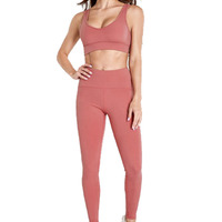 Ensemble de leggings et soutien-gorge de sport pour femme, rose, col en V, dos nageur, sans couture, respirant, écologique, séchage rapide, en spandex et polyester