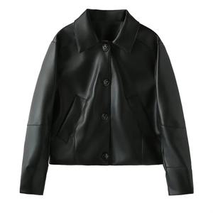 Chaqueta informal de piel de oveja para mujer, para primavera y otoño, de lona transpirable, con botón de solapa de imitación, abrigo de motocicleta para mujer, algodón teñido liso - Product Image 4