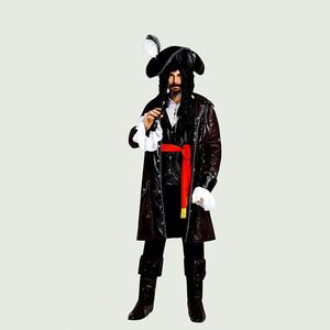 Men <b>Retro</b> Sea Captain Costume Set, Faux Leather Long Jacket with Matching Hat and Wig for Stage Performance - Product Image 2