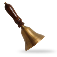 Cloche à main en métal vintage de 7 pouces avec poignée en bois découpée et imprimée, gravée, cadeau de retraite pour enseignant, cloche artisanale