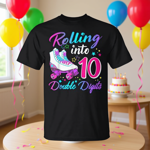 Camiseta de cumpleaños número 10 con estampado digital de patines de 10 ruedas, unisex, manga corta, cuello redondo, para fiesta infantil - Product Image 3