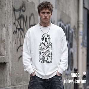 Camiseta de <span class=keywords><strong>Manga</strong></span> <span class=keywords><strong>Larga</strong></span> de Algodón Grueso de 400 g/m², <span class=keywords><strong>Cuello</strong></span> Redondo, <span class=keywords><strong>Cuello</strong></span> Acanalado, Estilo Urbano, Informal, <span class=keywords><strong>para</strong></span> <span class=keywords><strong>Hombre</strong></span>, OEM - Product Image 1