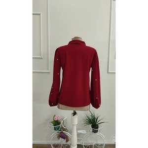 Women'<b>s</b> Long-Sleeved Imported Crepe <b>Blouse</b> with Bow Detail <b>and</b> Pearl Embellishments, 37312 - Red - Product Image 5
