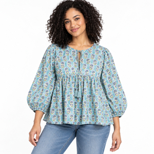 Blouse indienne à imprimé floral, style bohème décontracté, tissée, respirante, à col en V boutonné, manches bouffantes, séchage rapide, courte, pour l'automne et l'été - Product Image 4