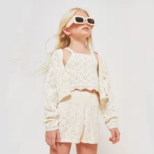 2023 Custom 3-Piece Fashion Set for 12-Year-Old Girls Knitted Tank Top Shorts Cardigan Hollow out Sweater