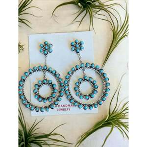 Pendientes Colgantes Zuni Petit Point, Turquesa, Plata de Ley, Geométricos, Chapados en Oro, Estilo Bonito para Bodas y Otras Ocasiones - Product Image 1