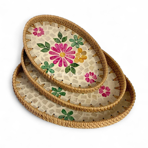 Eco Friendly Bohemian Mother of Pearl Tray with <b>Rattan</b> Flexible Design for Daily <b>Dining</b> Serving and <b>Table</b> Use - Product Image 1