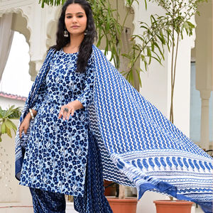 Conjunto de Salwar Kameez de Algodón con Estampado Floral Azul para Mujer, con Pantalón Patiala y Dupatta, Ropa Étnica para Fiestas de Verano - Product Image 1