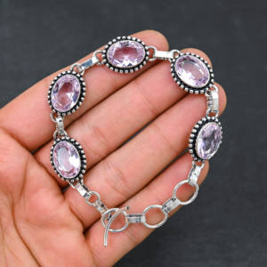 สร้อยข้อมือโซ่ชุบเงิน925ทำด้วยมือจากนักออกแบบเครื่องประดับอัญมณี kunzite สีชมพูของขวัญสำหรับผู้หญิง - Product Image 5