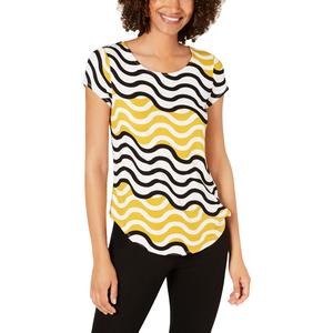 T-shirt stampata da donna Alfani stile Y2K Wave City gialla taglia XS XXS corta traspirante in cotone poliestere jersey con pizzo - Product Image 1
