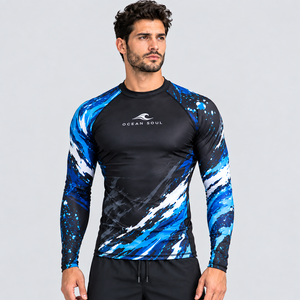 Camiseta de Compresión de Manga Larga para Hombre, Diseño Oceánico, Poliéster/Nailon, Protección UV, Secado Rápido, Tejido Transpirable - Product Image 1