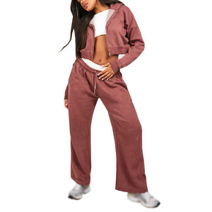 2025 nueva llegada Vintage mujer personalizable lavado ácido Zip con capucha conjunto de chándal de invierno parche bordado desgastado sólido - Product Image 1