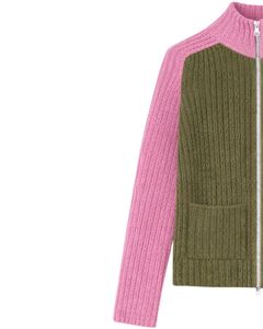 Cárdigan de Punto Acanalado con Cierre para Mujer, Cuello Alto, Manga Larga, Algodón Suave, Cálido, Informal, para Invierno, Color Rosa y Verde Oliva - Product Image 2