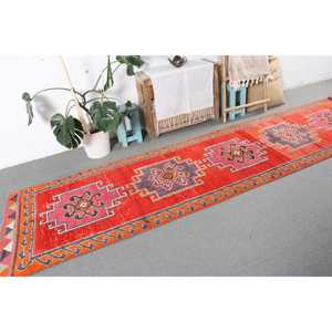 พรมขนาด 3x12.1 ฟุต, พรมวินเทจแบบ Runner, พรมสีแดง Herki แบบเรียบ - Product Image 4