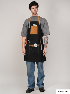 Tablier en coton unisexe Détail en cuir Logo personnalisé Barbecue d'extérieur Restaurant Cuisine Vêtements de sécurité Antifouling Brûlage Travail - Product Image 3