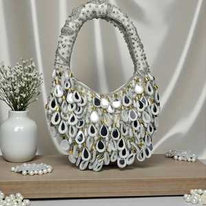Top Selling Handcrafted White Bead Studded Satin Lining Potli <b>Clutch</b> Designer <b>Wedding</b> Evening Party & Gift Bag - Product Image 5