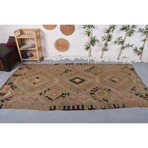 Alfombra turca Vintage 4,8 'X 8,9 'Marrón Beige Lana Patchwork Látex Clásico Área grande Rectángulo Pasillo Diseño abstracto Alfombra de habitación - Product Image 1