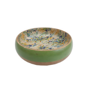 <b>Green</b> Finished Enamel Design Wooden Round Shape Fruit Bowl for Tabletop Home & Hotels <b>Food</b> & Snacks Serving Bowls Handmade - Product Image 1