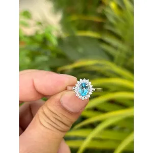 925 <b>Silver</b> Blue Topaz <b>Statement</b> <b>Ring</b> Oval Cut Gemstone Geometric Pattern Engagement IGI Certified Rhodium Plated - Product Image 1
