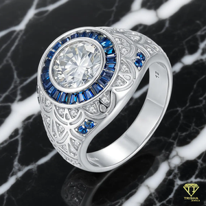 Bague de luxe cultivée en laboratoire Halo en saphir bleu avec bande glacée, bijoux de déclaration Hip Hop en finition argentée - Product Image 6