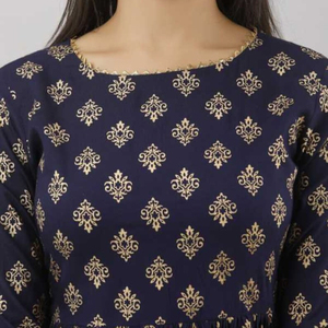 ผ้าคุณภาพสูงผ้าคุณภาพสูงเย็บอย่างเต็มที่เรยอนบริสุทธิ์พิมพ์ลายสีฟ้าและสีทอง kurti กับ sharara และ dupatta - Product Image 1