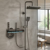 Ensemble de douche thermostatique numérique en cuivre brossé, pomme de douche carrée effet pluie, douchette à main, panneau de commande 4 voies