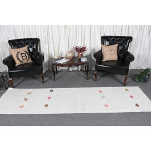 พรมวินเทจสไตล์ตุรกี ขนาด 2.5x9.3 ฟุต พรมคิลิม พรมลายดอกไม้สีขาว - Product Image 2