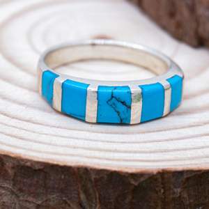 Vintage Turquoise Enamel Stripe Pattern Ring Handmade 925 Sterling <b>Silver</b> Ring Tribal Boho Hippie Ring - Product Image 2