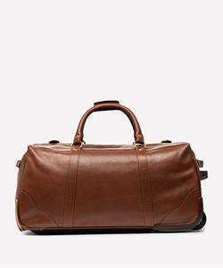 Brown Genuine Leather Luxury Rolling Duffle Bag Wheeled Travel <b>Weekender</b> Luggage Trolley <b>Suitcase</b> Water Resistant Polyester - Product Image 1
