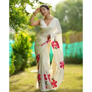 Sari Apsara de chinnon con estampado floral pintado a mano, corte holgado, elegante y ligero, ideal para fiestas y bodas para mujer. - Product Image 5