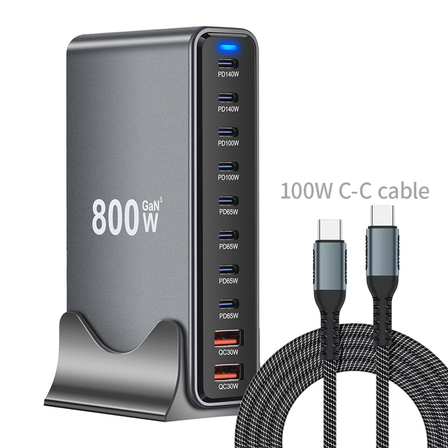 800W USB C Charger 10-Port PD Adapter Multiple Charger with GaN III and PD 3.1 Charger 140 W Laptop Charging ,100W C-C Cable