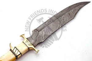 Couteau Bowie artisanal en acier Damas avec manche en os de chameau exotique, lame fixe affûtée, avec étui, pour la chasse, le camping, la survie, idéal comme cadeau - Product Image 3