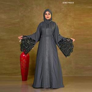 Abaya de créateur en tissu Nida de qualité supérieure, avec manches ornées, robe de soirée vintage longue jusqu'au sol - Product Image 4