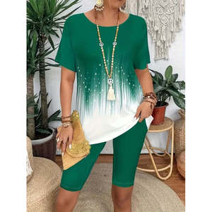 Ensemble deux pièces pour femme, chemisier scuba à manches courtes et col rond à motifs et leggings, 37944 - Vert - Product Image 2