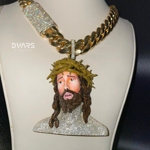 Pendentif Religieux Chrétien Personnalisé en Argent Sterling Plaqué Rhodium/Or, Entièrement Sertie de Moissanite 3D en Forme de Visage de Jésus, Style Hip Hop de Luxe - Product Image 1