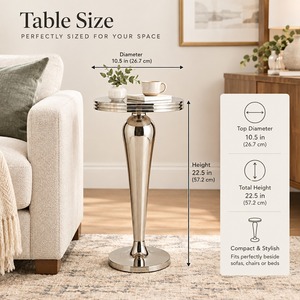 Modern Polished <b>Silver</b> Round <b>Side</b> <b>Table</b> Metal Pedestal Accent <b>Table</b> - Product Image 5