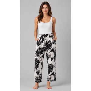 Women's <b>Black</b> White Floral Rayon <b>Pajama</b> Soft Woven Lounge Wear Elastic Waist Side Pockets Customizable ODM Homewear for Families - Product Image 5