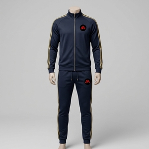 <b>Men's</b> Winter Hooded <b>Navy</b> Blue Tracksuit Set Full Zip Athletic Jacket <b>Jogger</b> Pants Gold Side Stripes Sportswear Training Gym - Product Image 1