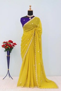 ชุดเซ็ตเทรนด์ส่าหรีสำหรับเจ้าสาวชุดปาร์ตี้ส่าหรีสีเหลืองสุดพิเศษแบบอินเดีย - Product Image 3