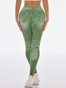 Pantalon de Yoga sans couture taille haute pour femme Denim V-Back Hip Lifting Séchage rapide Coupe serrée Running Fitness Yoga Leggings - Product Image 4