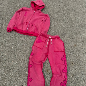 Streetwear Baggy à capuche et pantalon empilé pour enfants personnalisés ensemble survêtements délavés à l'acide pour garçons DTG imprimé recadrée évasée survêtements - Product Image 1