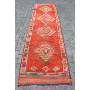 3.1x11.5 ft <b>Runner</b> Turkish Vintage Rug, <b>Red</b> Ikat Wool Rug - Product Image 1