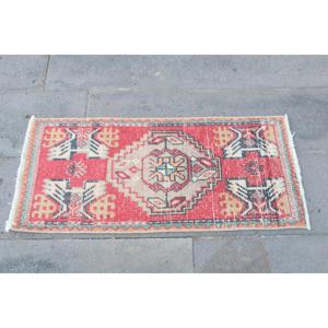 พรมตุรกี, พรมขนาดเล็ก 1.4x3.1 ฟุต, พรมวินเทจสีแดงทำจากขนสัตว์แบบอิคัต - Product Image 4