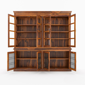 Aparador de Cocina Antiguo de Madera de Teca Maciza Ecológica con Puertas de Vidrio y Rejilla de Hierro, Estilo Rústico Hecho a Mano para Comedor, Java - Product Image 4