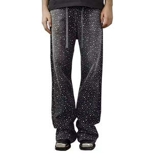 Men's Loose Fit Acid Wash High Waist Distressed Bootcut Glitter Rhinestone Baggy Denim Pants Straight Style <b>Jeans</b> - Product Image 3